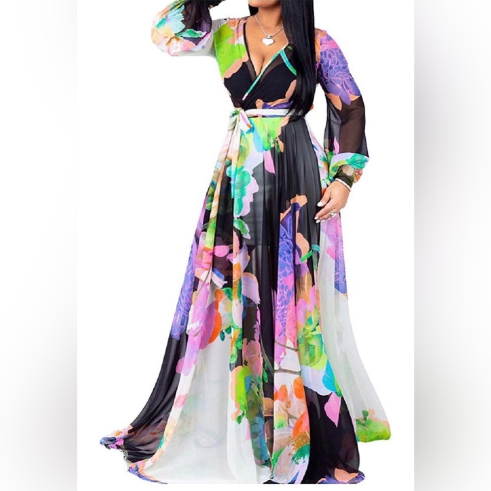 NEW Women’s Chiffon Floral Printed Long Sleeve Maxi Dress